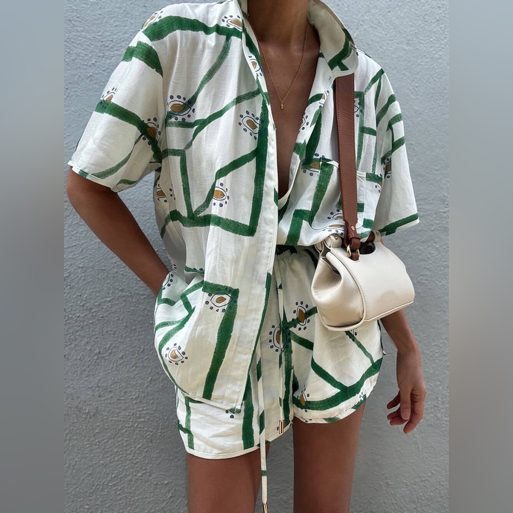 Commense Cream and Green Short Sleeve Printed Shirt